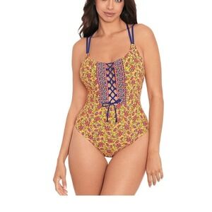 NWT Skinny Dippers Suga Babe Floral Lace Up One Piece Swimsuit XL